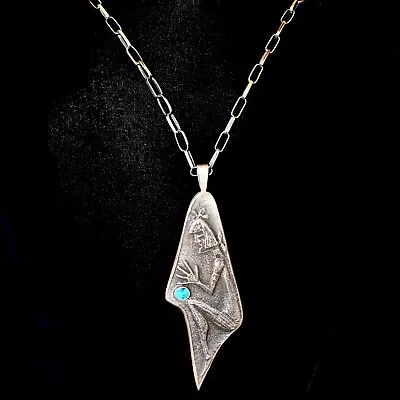 Hopi Cast Sterling Silver & Turquoise Pendant On Chain By Preston Monongye • $4340