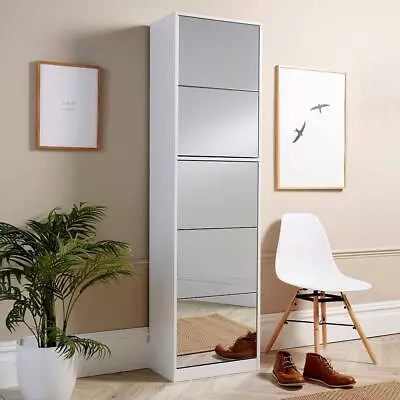 6ft White Shoe Cabinet Mirrored Storage Cupboard Footwear Stand Rack Organiser • £119.99