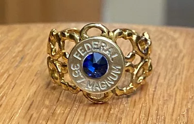 Federal 357 Magnum Brass Bullet Casing Gold Filigree Ring With Cobalt Crystal • $14.99