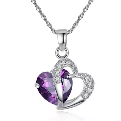 £3.21 • Buy Heart Crystal Pendant  Silver Chain Necklace Womens Ladies Jewellery