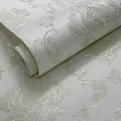 Ivory White Embossed Damask Wallpaper Textured Floral Patterned Solid Color • £8.90