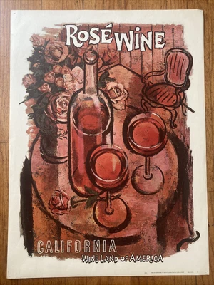 $30 • Buy Vintage California Rose Wine Poster By Amado Gonzalez Litho Original - 21x29