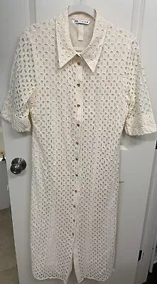 Zara Beige Eyelet Embellished Button Front Dress Mid Sleeve Chiffon Lined XL • $32.95