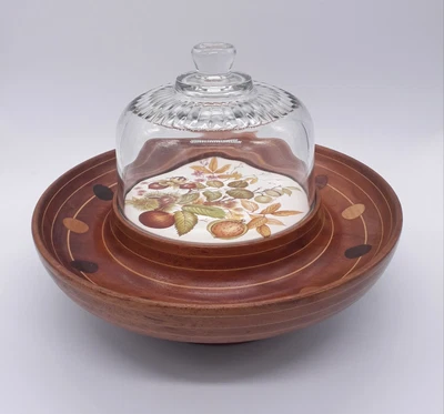 £49.99 • Buy Wooden Lazy Susan / Rotating Cheese Board With Glass Lid Ceramic Plate...