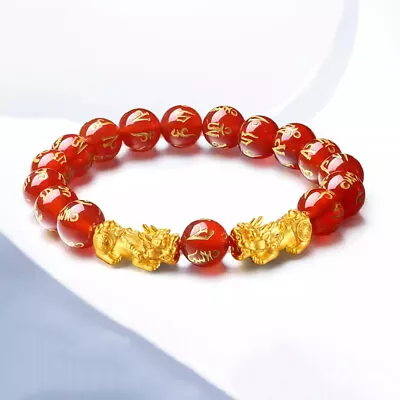 Real 24K Yellow Gold 3D Two Pixiu Red Agate Six-word Motto Beads Women Bracelet • $284.05