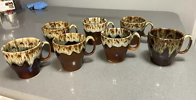 Vintage Set Of 7 Canonsburg USA Pottery Brown Drip Glaze Pottery 8oz Coffee Mugs • $23.95