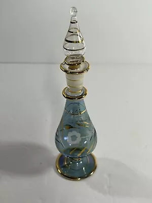 $19.99 • Buy Vintage Glass Perfume Egyptian Style Tear Bottle  Lie Teal Etched Flowers - 6.5 