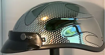 Voss Black Chrome & Carbon Flame W/visor Beanie Novelty Motorcycle Helmet Light • $39.99