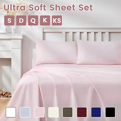Poly Cotton Sheet Set S/KS/D/Queen/K Bed Size Deep Fitted Flat Sheet Ultra Soft  • $39.99