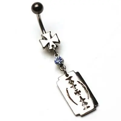 316L Surgical Steel Hematite Iron Cross Belly Ring With Aqua Gem Razor Dangle • $7.95