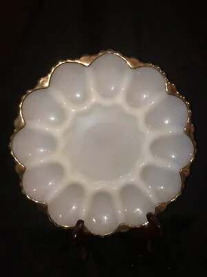 Vintage Anchor Hocking White MILK GLASS Deviled Egg Platter With  Gold TRIM • $17.99