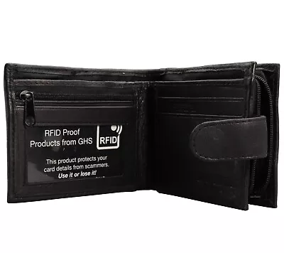 New Men RFID Blocking Real Leather Wallet Zip Coin Pocket Pouch ID Window Black • £7.55