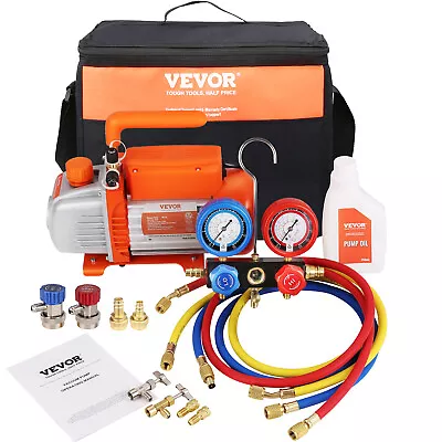 VEVOR 1/5 HP HVAC Vacuum Pump And Gauge Set 3.5 CFM Manifold Gauge Kit With Hose • $91.99