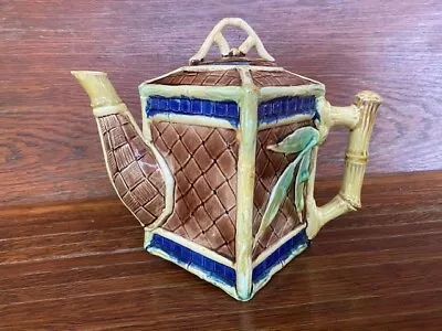 Majolica Square Base Teapot With Bamboo & Leaf Design. Very Unusual.  • $275