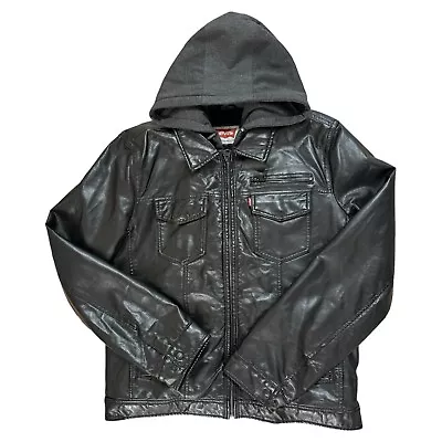 Levis Mens Medium Black Faux Leather Sherpa Hooded Jacket Coat • $29.97
