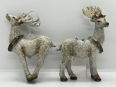 Set Of 2 Holiday Deer Snow Retro Vintage-Look Christmas Ornaments Decor Ornament • $22.40