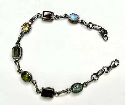 Vintage Sterling Silver Moonstone Topaz Peridot Multi Gemstone Link Bracelet • $9.96