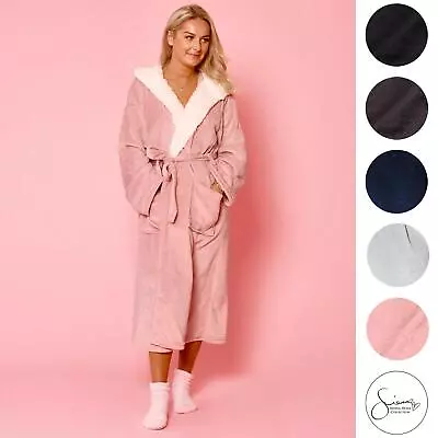 Sienna Ladies Mens Long Hooded Dressing Gown Soft Flannel Fleece Sherpa Bathrobe • £9.99