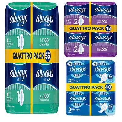 £10.49 • Buy Always Ultra Long Sanitary Towel Pads With Wings Quattro Packs In Three Sizes