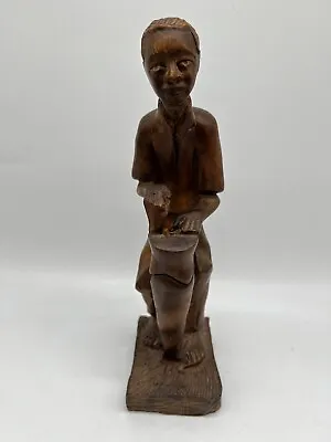 Vintage Folk Art Hand Carved Wood Man With Conga Drum African 12” Tall • $35