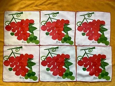 Vera Neumann VINTAGE Linen Napkins 10x10 ” Red Green GRAPES 5+1  Rare Stunning • $49.95