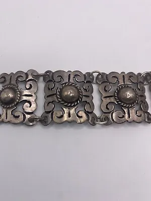 Vintage 1940’s MEXICAN Sterling Silver Designed Old Bracelet 34g. Floral Mayan • $90