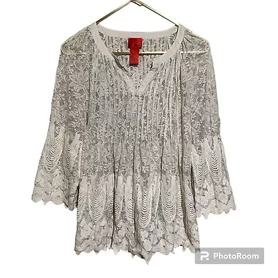 V Cristina BOHO Western Sheer Cream Lace Blouse Top Shirt Women’s Size Medium M • $19.88