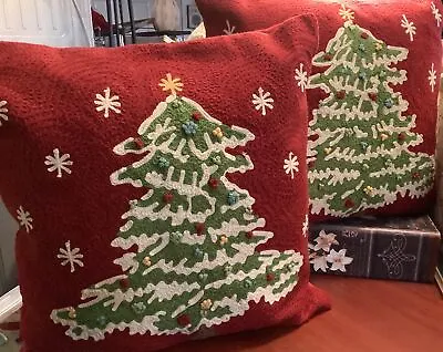 (2) Pottery Barn~18” Sq~Crewel/Needlework Pillows~Christmas Tree 🎄w/PB Inserts~ • $79.99