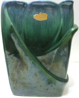 Vintage Royal Haeger Pottery Vase Rectangular Petal Blue Green Drip Fade 8  T • $49.99