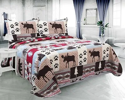 Embossed Pinsonic Printed Bedspread Coverlet Quilt Set Cabin Rustic Moose Bear • $56.99