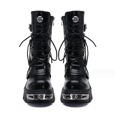 New Rock Boots Punk Unisex Metallic Black Leather Platform Biker Boots Gift • £70