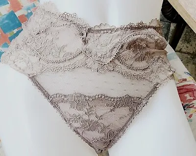 Victorias Secret M Taupe Tan High Waist Lace Thong Wide Side Panty Vintage Rare • $34.99