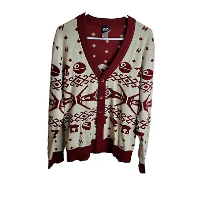 Star Wars Button Up Cream & Maroon Cardigan Sweater Fair Isle Death Star XL • $29.99