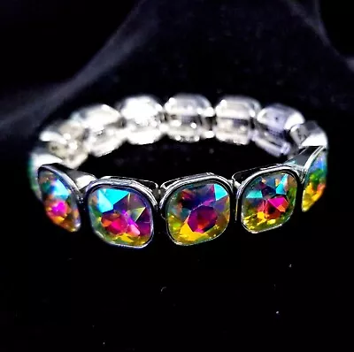 Rhinestone Bracelet Stretch AB Iridescent Silver Crystal Pageant Prom Jewelry • $36.26