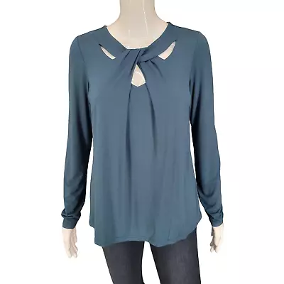 The Muses Closet Top Small Sz Peacock Blue Summer Rayon Tee Shirt W Twist Neck • $14.95