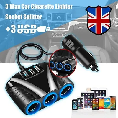 12V 3 Way Car Cigarette Lighter Socket Charger Adapter Splitter USB Plug Ports • £6.49