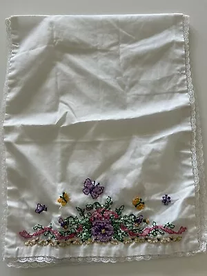 Hand Embroidered Butterflies & Flowers Table Runner Dresser Scarf Vintage 13x36 • $18