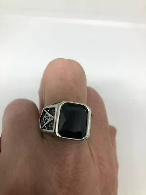 Vintage Men's Free Mason Ring Stainless Steel Black Jet Size 13.75  • $44