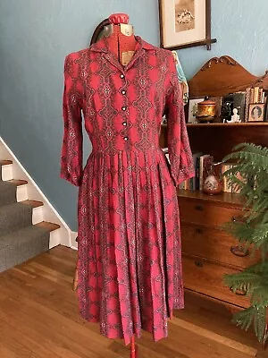 VINTAGE 50s RED PAISLEY SCARF RAYON PLEATED 3/4 BALLOON SLEEVE SHIRT DRESS M • $60