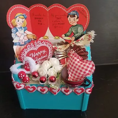 Vintage Valentines Day Card Decoration Sweet As Pie Recipe Box Tin Dishes Kitsch • $24.50