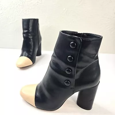 Zara Victorian Ankle Booties 6 Black Tan Chunky Block Heeled Button Detail Boots • $32