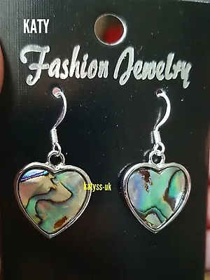 Stamped 925 Silver Hooks Natural Abalone Shell Green Drop Heart Earrings Gift  • £8.83