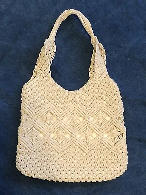 Nanette Lepore Macrame Woven Shoulder Bag Hobo Purse Cream Boho • $30