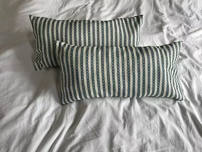 Pair Of Blue And Cream Striped Cotton Cushions 55x30cm • £16