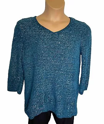 Chicos Sweater Pullover Teal Silver Metallic Sequins Chicos Size 1 = Size 8 • $15.99