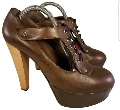 Marni Designer Stunning Shoes Pumps Laces Brown Leather Size Eur 40/us 10 • $209.99