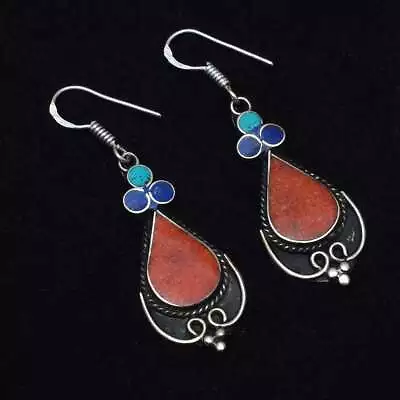 Tibetan Turquoise Coral Handmade Drop Dangle Earrings Jewelry 1.92  AE-15683 • $3.99