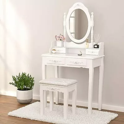 Elegant Vanity Makeup Dressing Table Set Makeup Mirror 4 Drawers Desk With Stool • $89.49