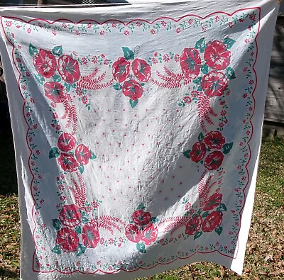 Vintage Floral Morning Glory Tablecloth 44 X 48 Print Cotton 1950s 1960s • $35.99