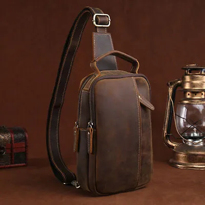 Mens Vintage Crossbody Bag Coffee Cowhide Crazy Horse Leather Sling Shoulder Bag • $43.99